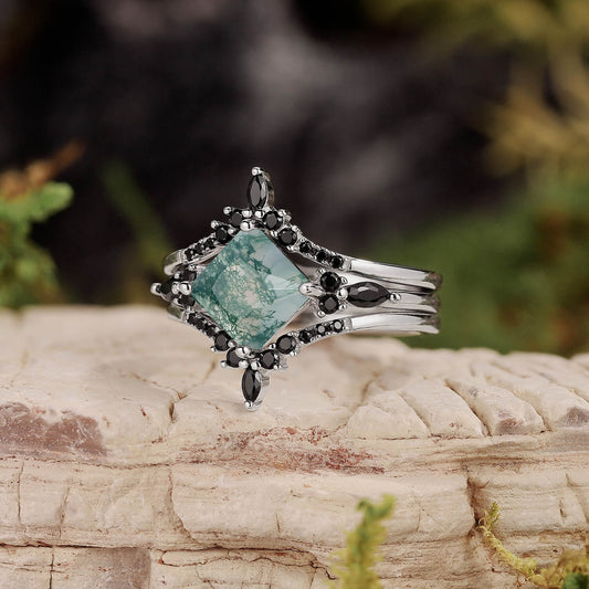 Nature Inspired Square Cut Moss Agate Leaf and Vine Promise Ring Set