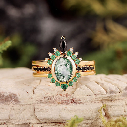 Unique Oval cut Moss Agate Leaf and Vine Promise Ring Set