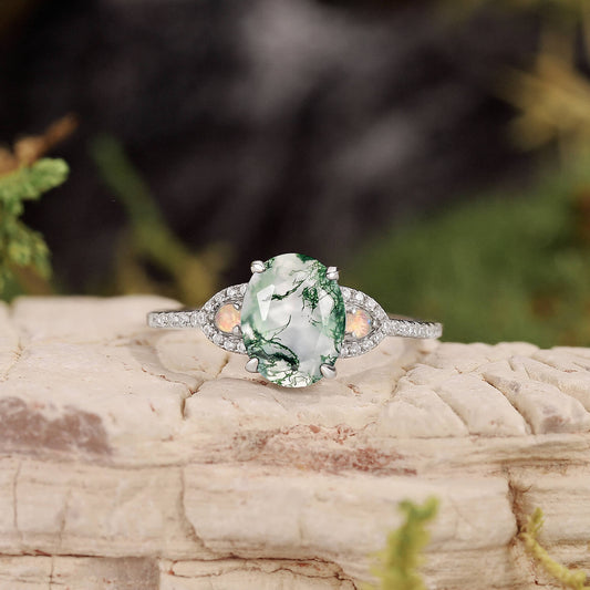 Nature Inspired Oval Cut Moss Agate Engagement Ring