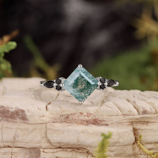 Nature Inspired Square Cut Moss Agate Leaf and Vine Promise Ring