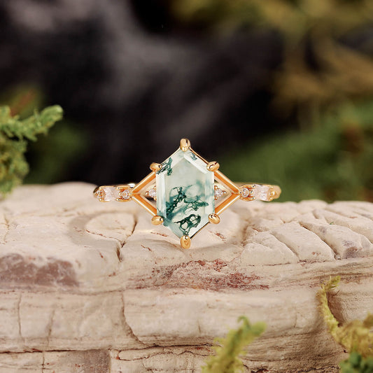Nature Inspired Hexagon Cut Moss Agate Engagement Ring