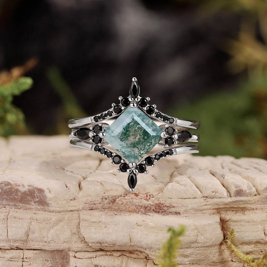 Nature Inspired Square Cut Moss Agate Leaf and Vine Promise Ring Set