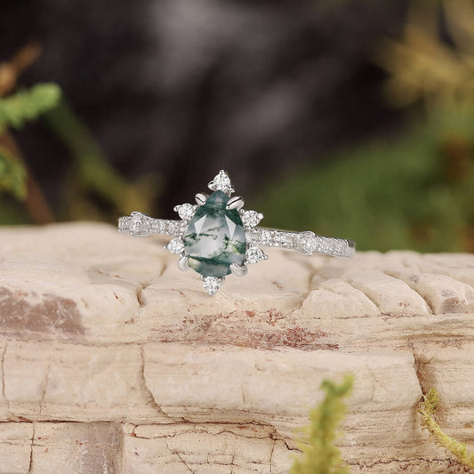 Unique Pear Cut Moss Agate Cluster Engagement Ring