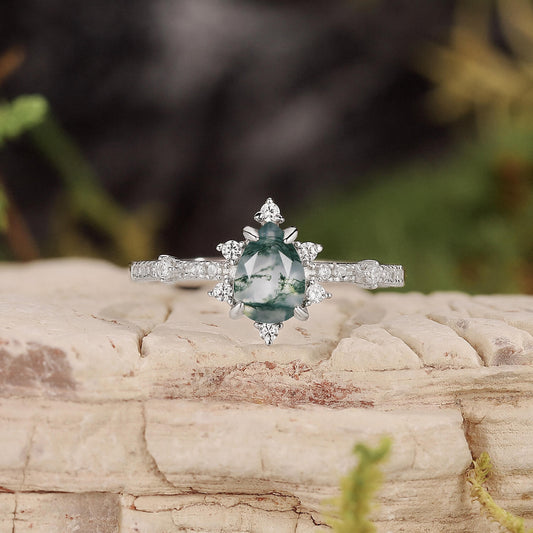 Unique Pear Cut Moss Agate Cluster Engagement Ring