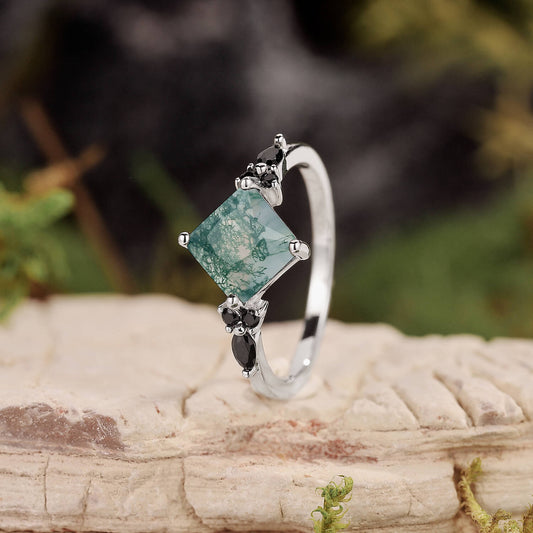 Nature Inspired Square Cut Moss Agate Leaf and Vine Promise Ring