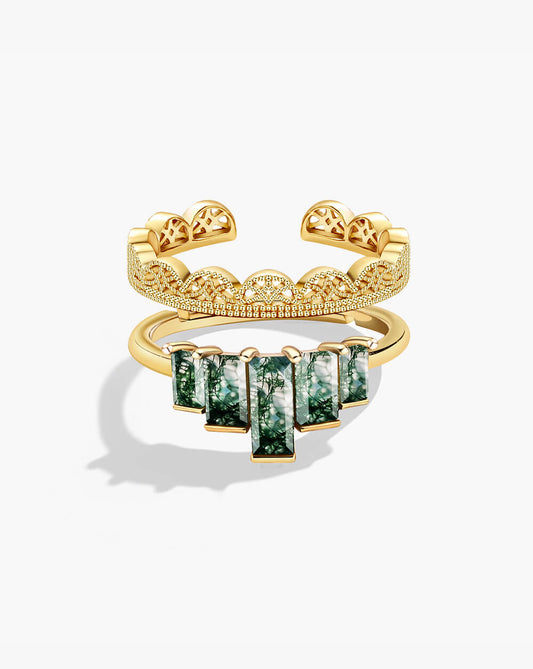 Gold Crown Stack Moss Agate Engagement Ring Set