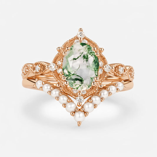Slate Oval Cut Moss Agate & Pearl Vintage Gold Ring Set 2pcs