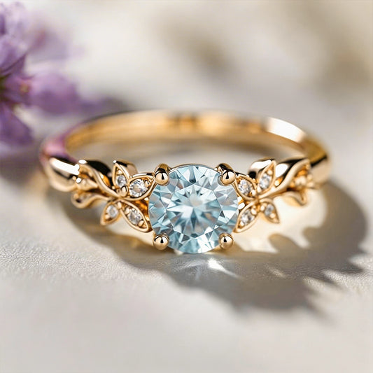 Nature 1CT Round Cut Blue Gemstone Leafy Engagement Ring