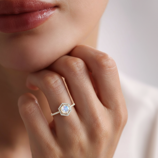 Vintage Hexagon Moonstone & Moissantie Halo Ring