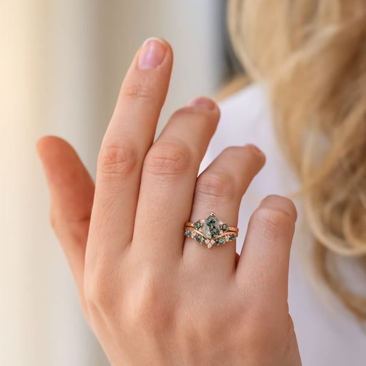 Nature Pear Cut Moss Agate Vine Engagement Ring Set