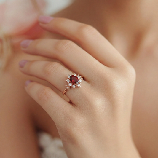 Golden Tudor Bloom | Antique Oval Garnet Engagement Ring