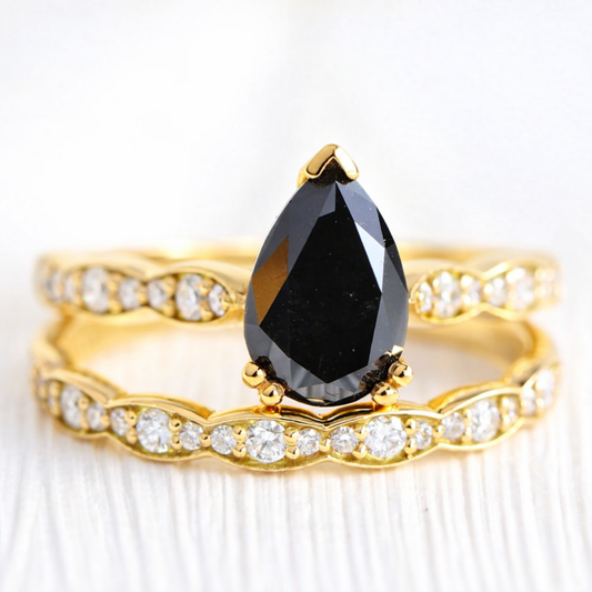 Aria‘s Cipher | Pear Cut Black Diamond Ring & Matching Diamond Band Ring Set