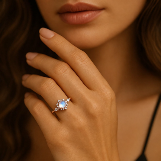 Lunar Cabochon Halo Ring – Vintage Moonstone & Diamond Engagement Ring