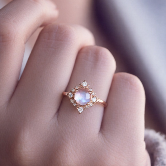 The Eternal Stars Engagement Ring – Cabochon Moonstone & Graduated Diamond Halo