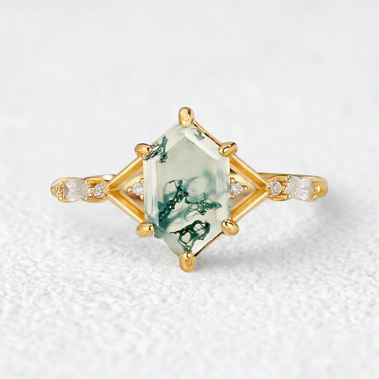 Nature Inspired Hexagon Cut Moss Agate Engagement Ring