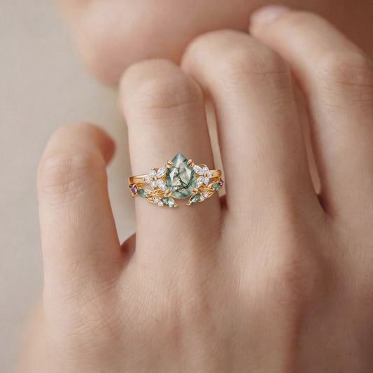 Chloris Pear Shaped Moss Agate Leafy Chevron Gold Ring Set 2pcs