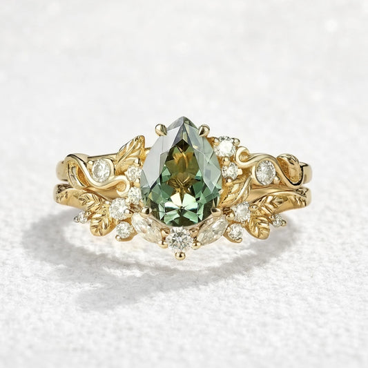 Sylvie’s Vine | Green Sapphire Leaf Wedding Ring Set 2pcs
