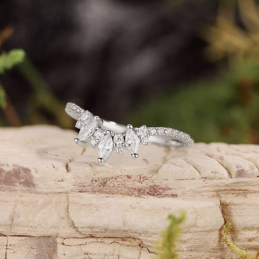 Marquise Cut Moissanite Half Eternity Curved Wedding Band in White Gold