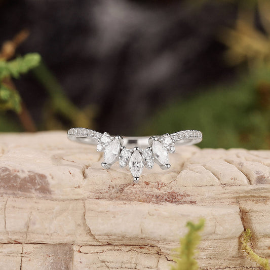 Marquise Cut Moissanite Half Eternity Curved Wedding Band in White Gold