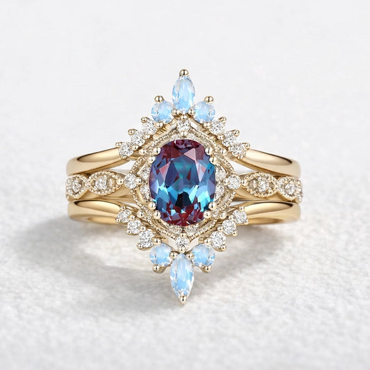 1.5CT Alexandrite Signature Vintage Luna Ring Set 3pcs