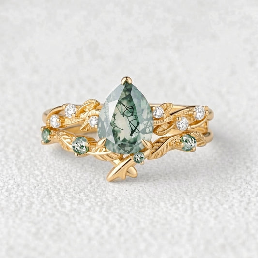 Clarissa Pear Cut Moss Agate Leafy Bridal Set 2pcs