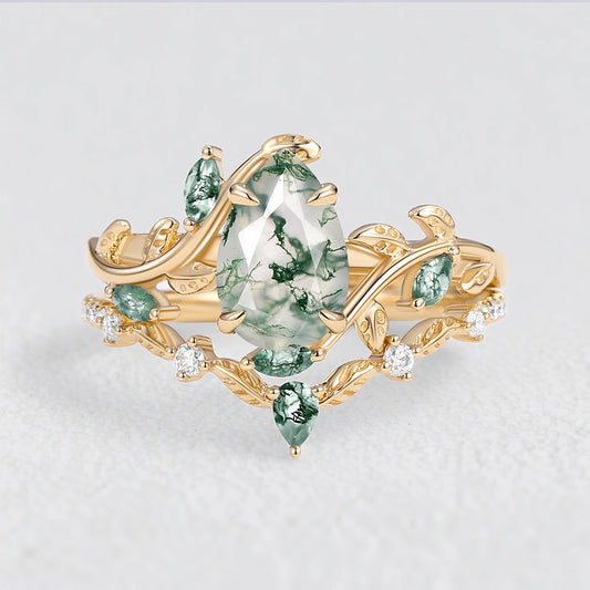 Daphne Pear Cut Moss Agate Vine Engagement Ring Set 2pcs