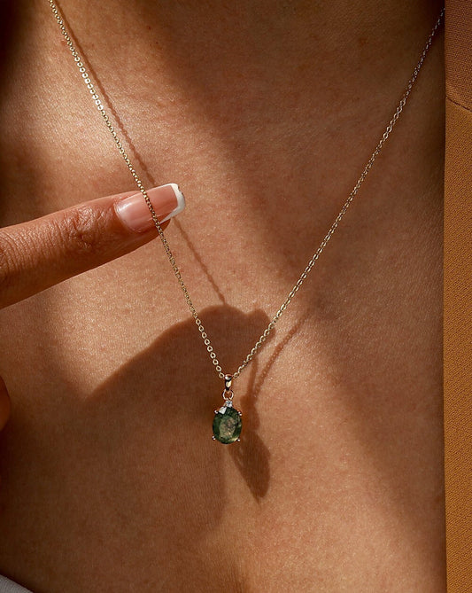 Luna Vessel Silver Moss Agate Pendant Necklace