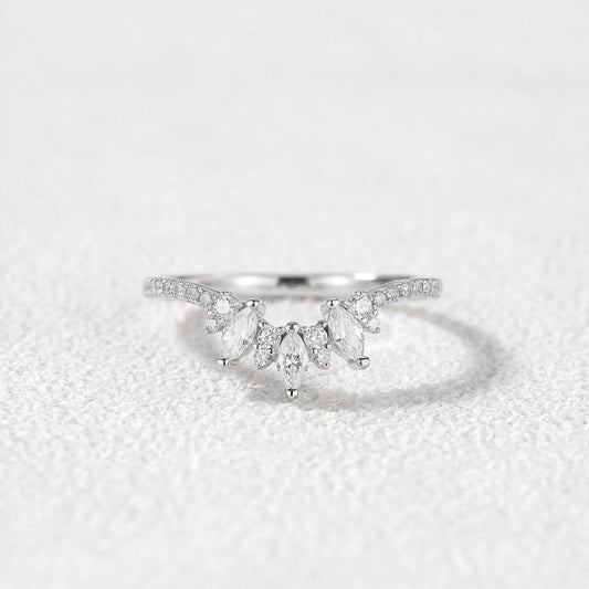 Marquise Cut Moissanite Half Eternity Curved Wedding Band in White Gold