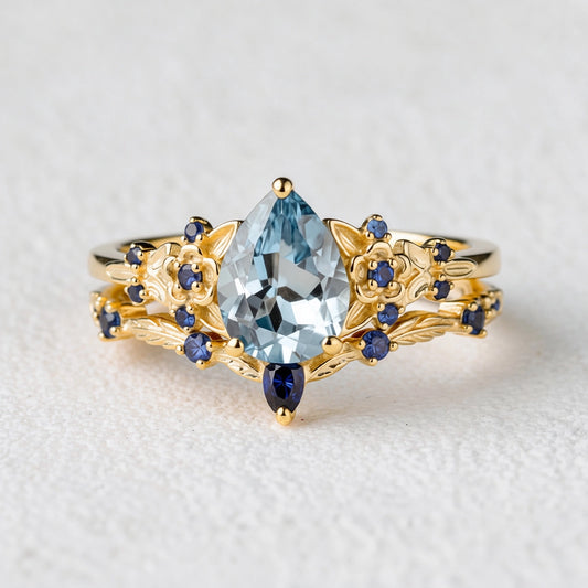 Isolde’s Tide | Vintage Pear Aquamarine & Sapphire Floral Bridal Set 2pcs