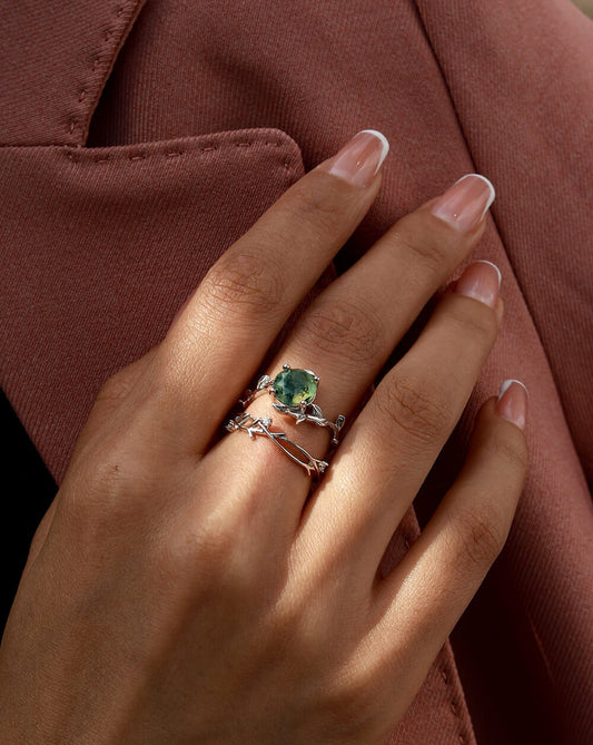 Stack Moss Agate Leaf Engagement Ring