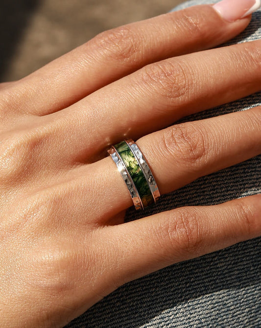 Bold Hammered Sterling Silver Moss Agate Statement Band Ring