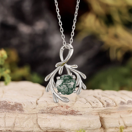 Round Natural Moss Agate Olive Branch Silver Charm Necklace