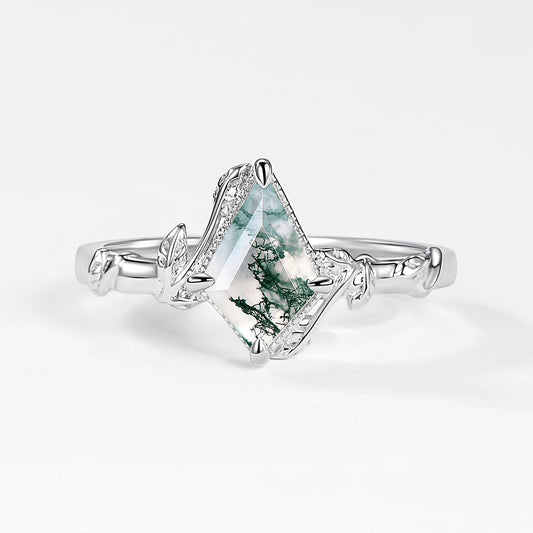 Vine Leafy Kite Cut Moss Agate Engagement Ring