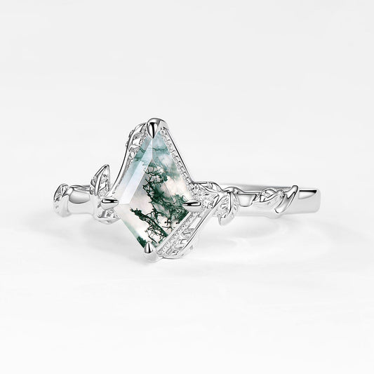 Vine Leafy Kite Cut Moss Agate Engagement Ring