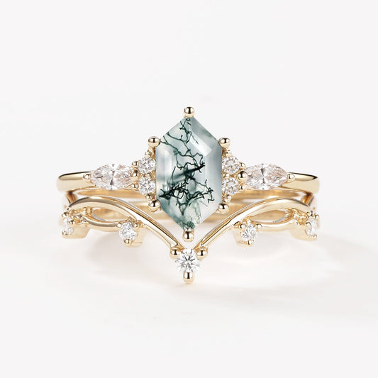 Elongated Hexagon Moss Agate Twig Engagement Ring Set 2pcs - Ona
