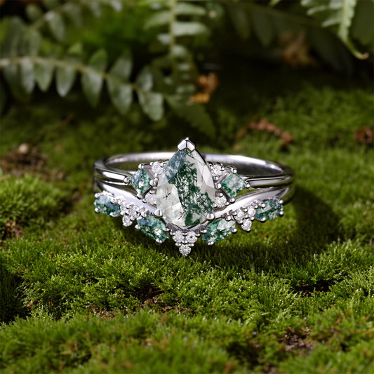 Nature Pear Cut Moss Agate Vine Engagement Ring Set