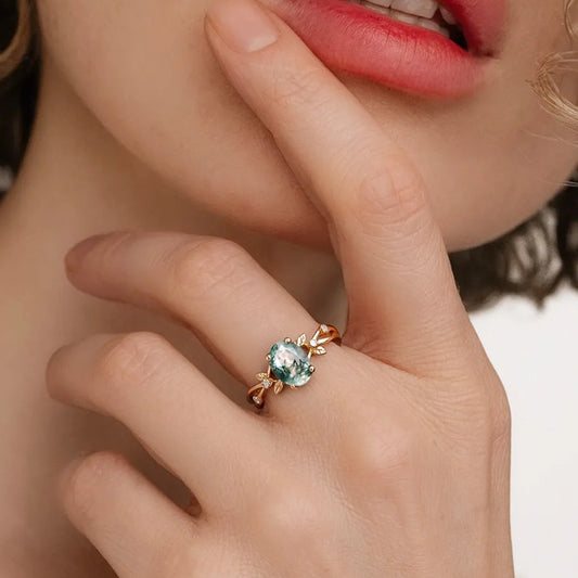 Nature Inspired Oval Cut Moss Agate Leafy Engagement Ring
