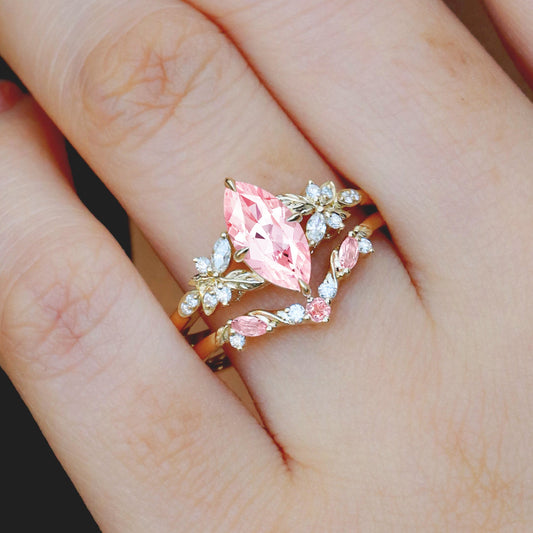 Peony Marquise Lab Pink Sapphire Leafy Engagement Ring Sets 2pcs