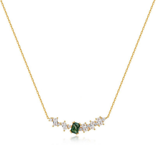 Gold Natural Moss Agate Curve Pendant Necklace