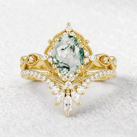 Soren Oval Cut Vintage Moss Agate Engagement Ring Set 2pcs