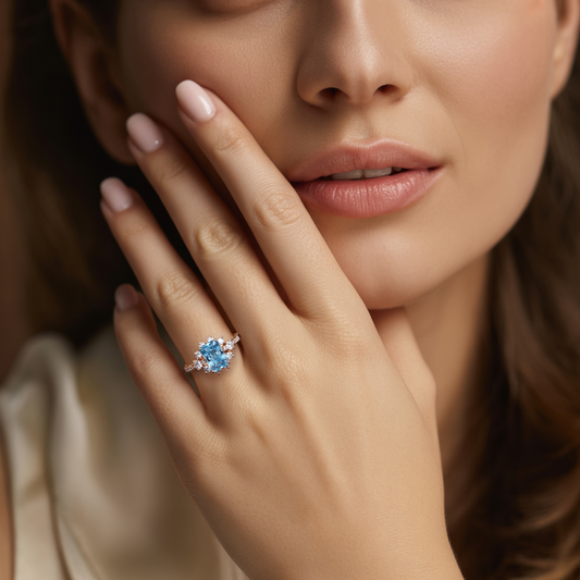 Bethany 3CT Radiant Cut Blue Gemstone Halo Ring