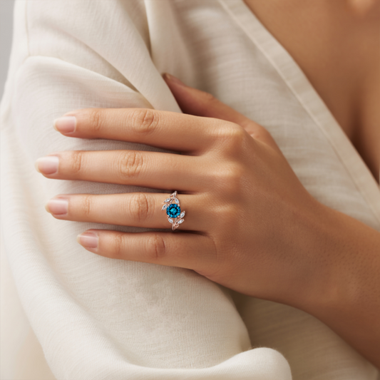 Sylvana 1CT Round Cut Royal Blue Gemstone Vine Ring