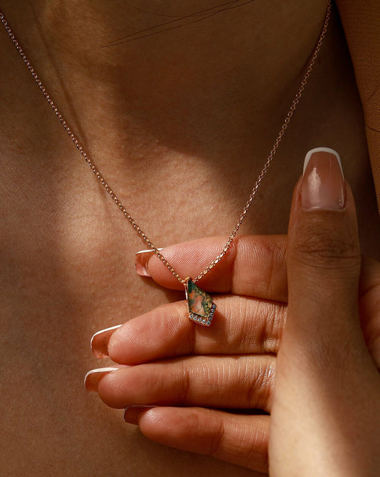 Rhombus Natural Moss Agate Gold Pendant Necklace
