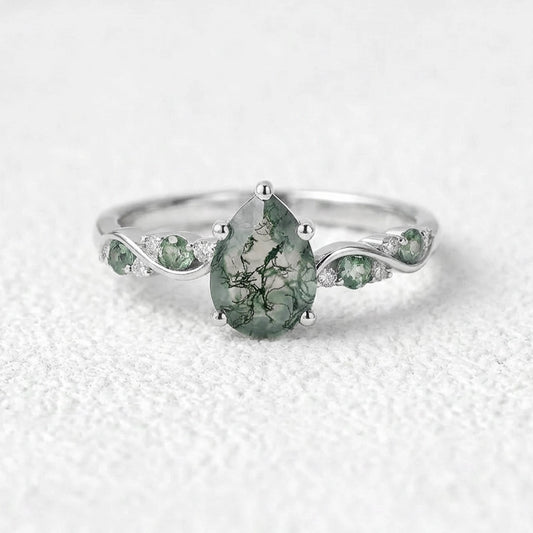 Nature Pear Cut Moss Agate Vine Engagement Ring