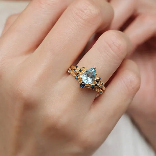 Isolde’s Tide | Vintage Pear Aquamarine & Sapphire Floral Bridal Set 2pcs