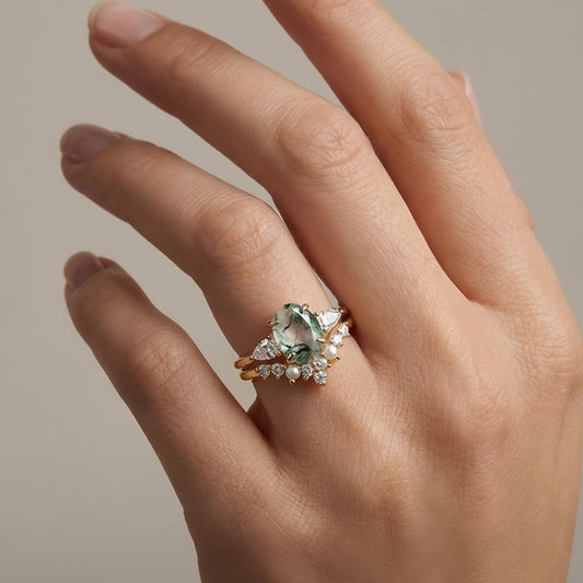 Nancy Oval Cut Moss Agate Vintage Gold Ring Set 2pcs