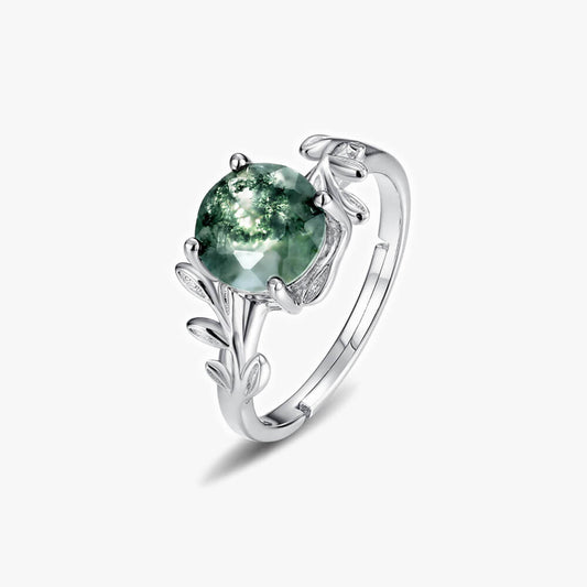 Olive Branch Natural Moss Agate Green Gemstone Adjustable Open Ring