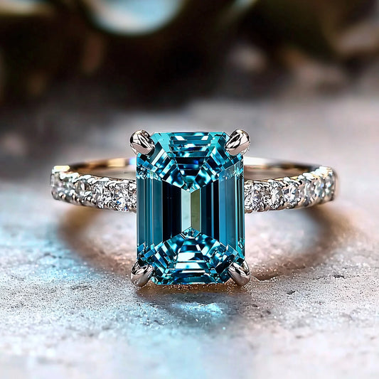 Camellia 3CT Emerald Cut Blue Gemstone Ring