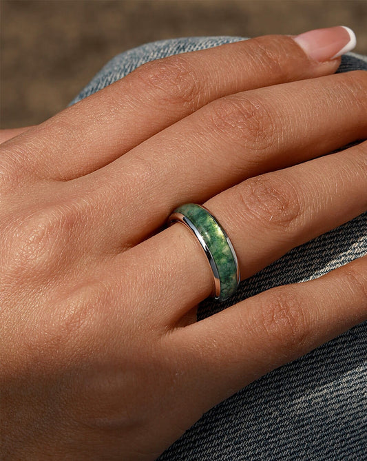 Minimalist Classic Moss Agate Band Ring in Sterling Silver