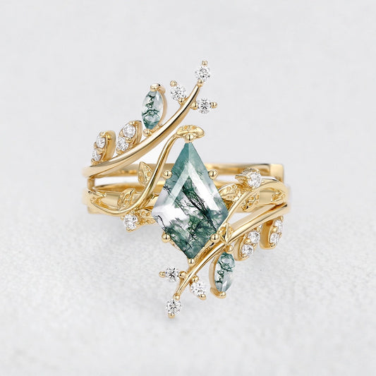 Knight Nature Inspired Kite Cut Moss Agate Cage Leafy Ring 2pcs